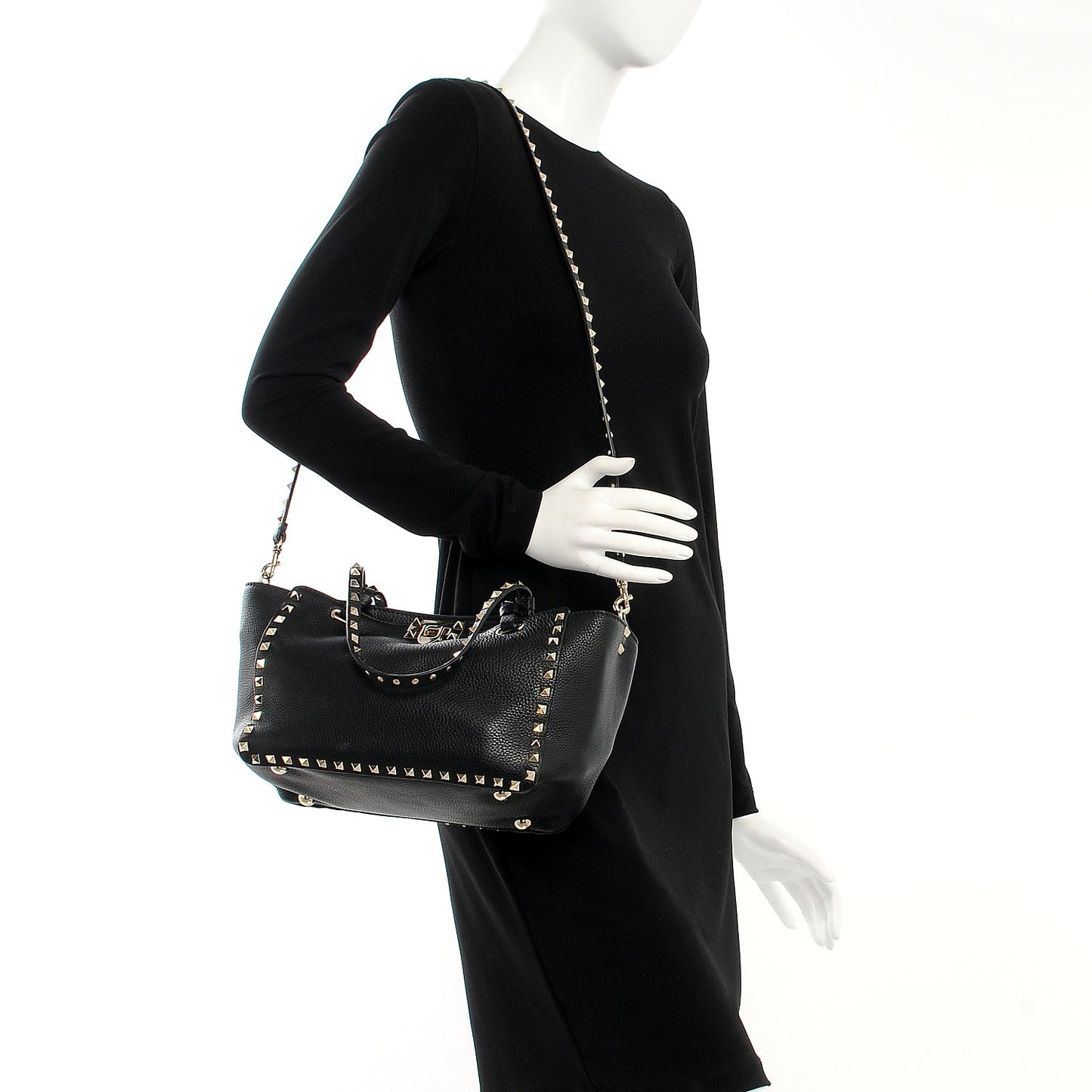 Grained Calfskin Small Rockstud Tote Black