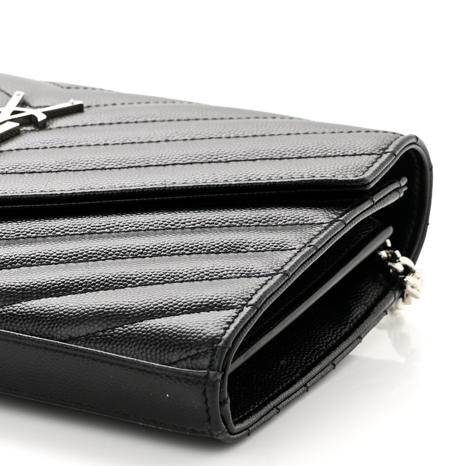 Saint Laurent Grain De Poudre Matelasse Chevron Monogram Chain Wallet Black 9 of 10