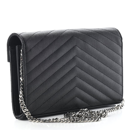 Saint Laurent Grain De Poudre Matelasse Chevron Monogram Chain Wallet Black 3 of 8
