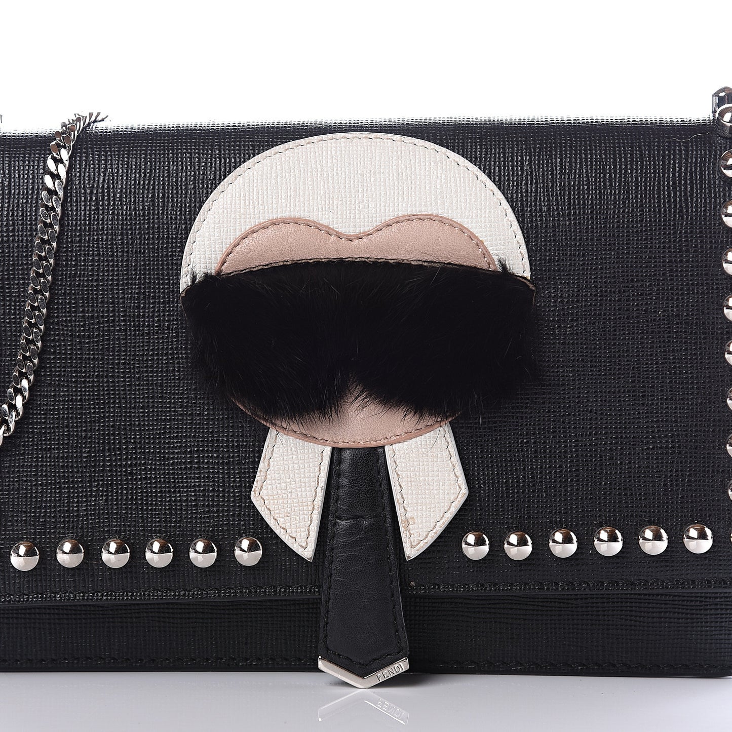 Vitello Elite Mink Fur Studded Karlito Tube Wallet on Chain Black