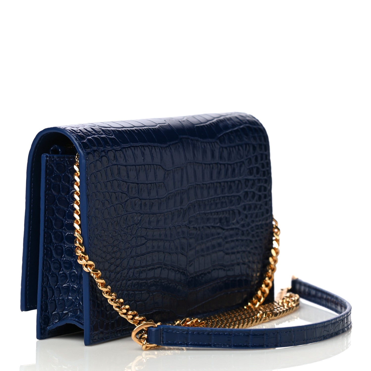 Saint Laurent Calfskin Crocodile Embossed Kate Monogram Tassel Chain Wallet Royal Blue 4 of 12