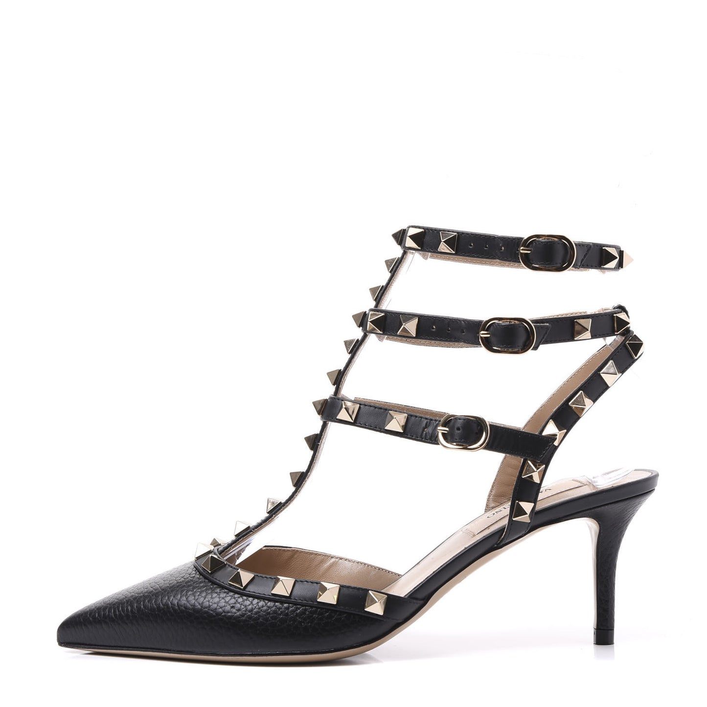 Pebbled Calfskin Rockstud Ankle Strap 65mm Pumps 37 Black