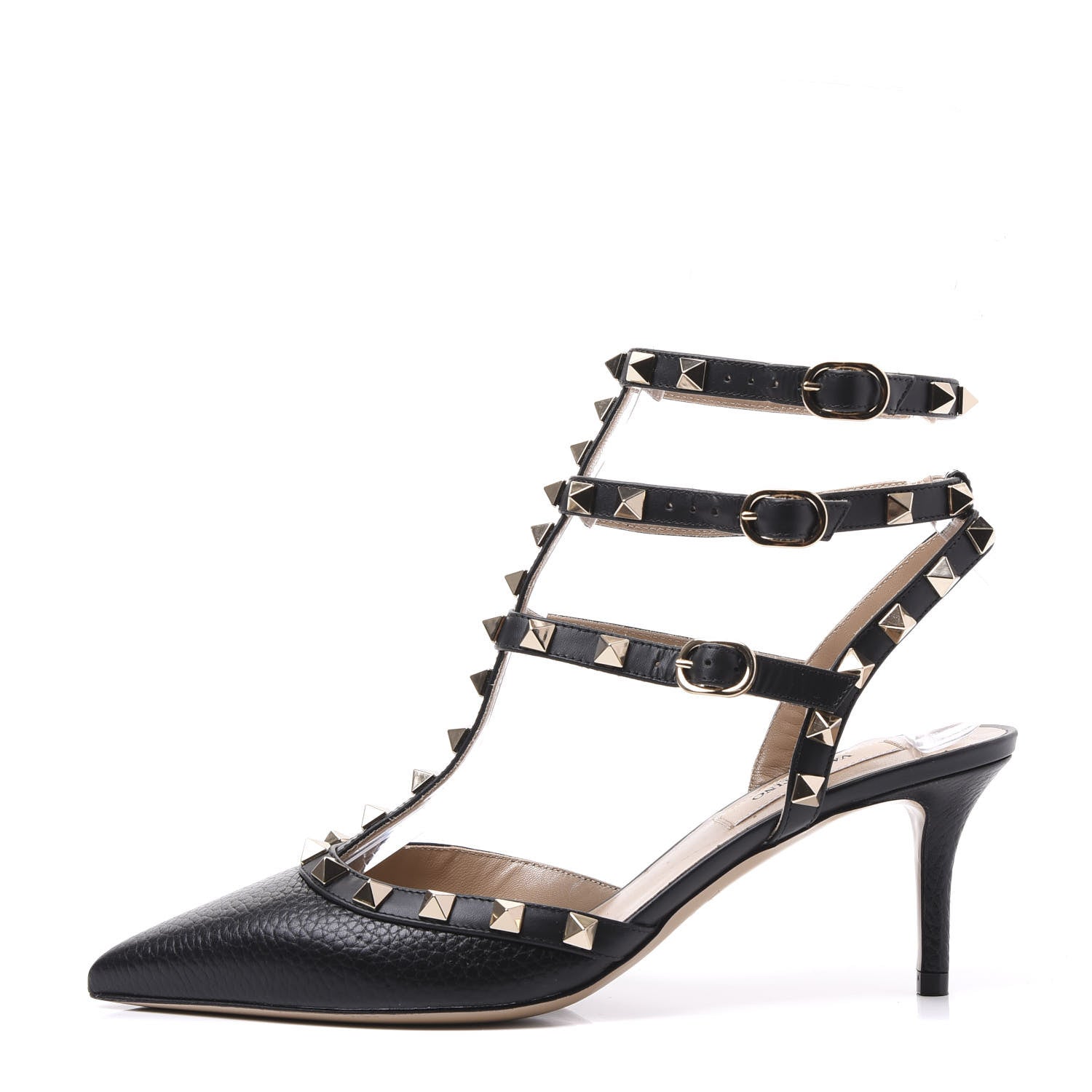 Valentino Garavani Pebbled Calfskin Rockstud Ankle Strap 65mm Pumps 37 Black 1 of 9
