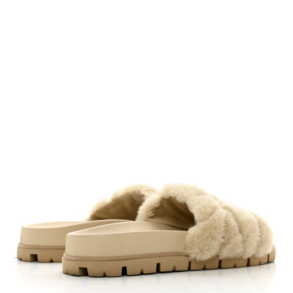 Prada Shearling Metal Triangle Logo Lug Sole 20mm Slide Sandals 36 Ecru 4 of 12