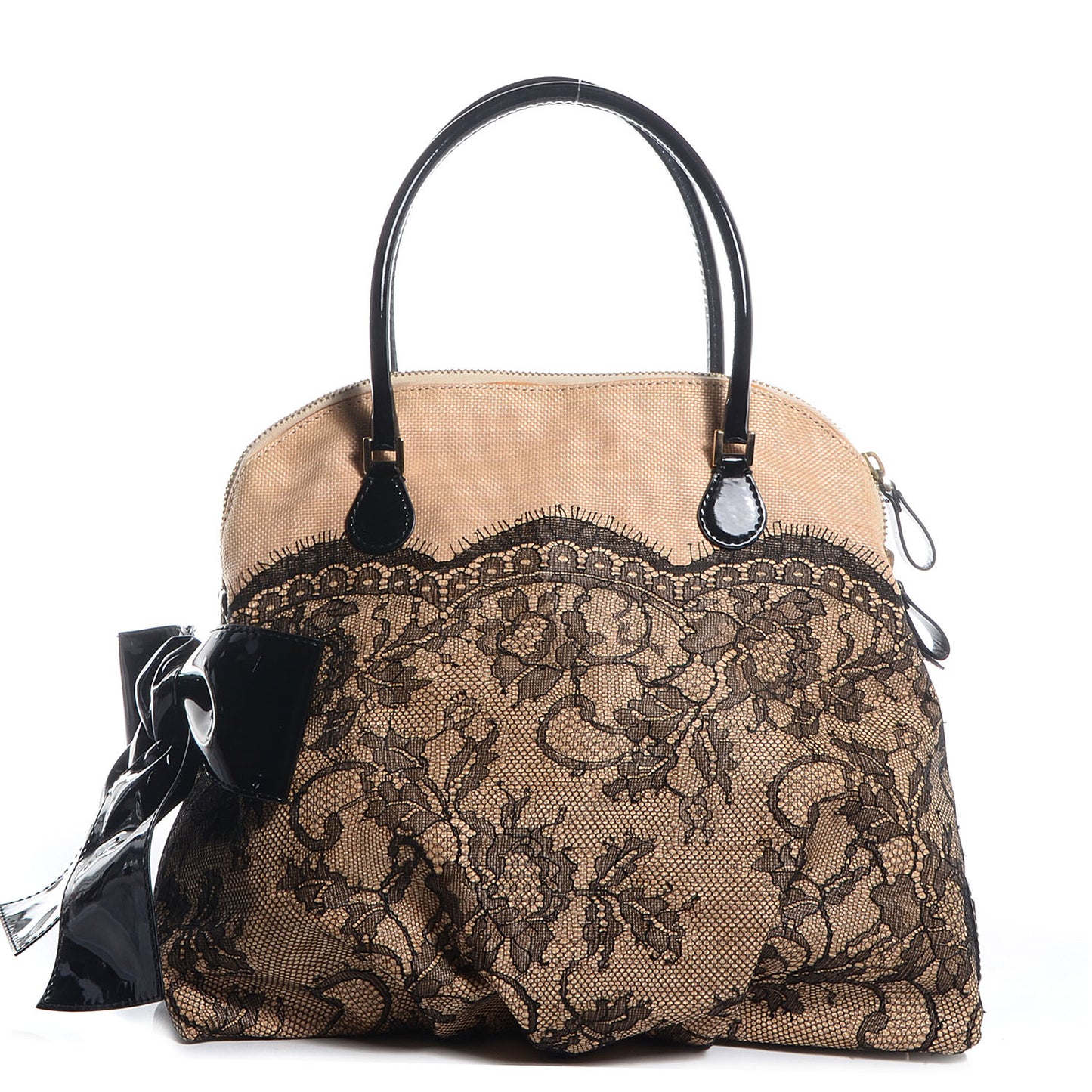Straw Lace Bow Dome Tote Black