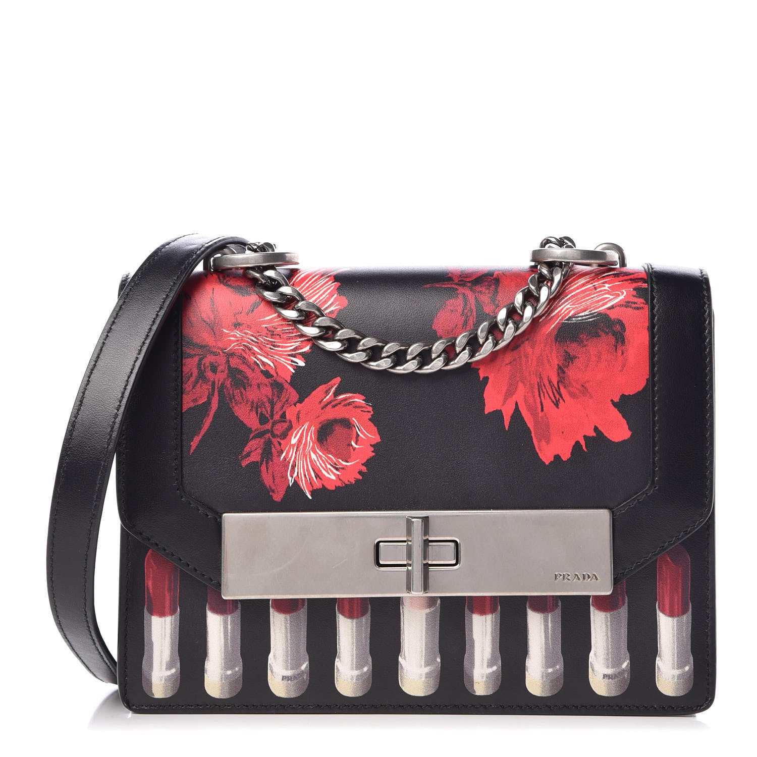 Prada City Calf Floral Lipstick Print Severine Flap Shoulder Bag Rosso Black 1 of 17