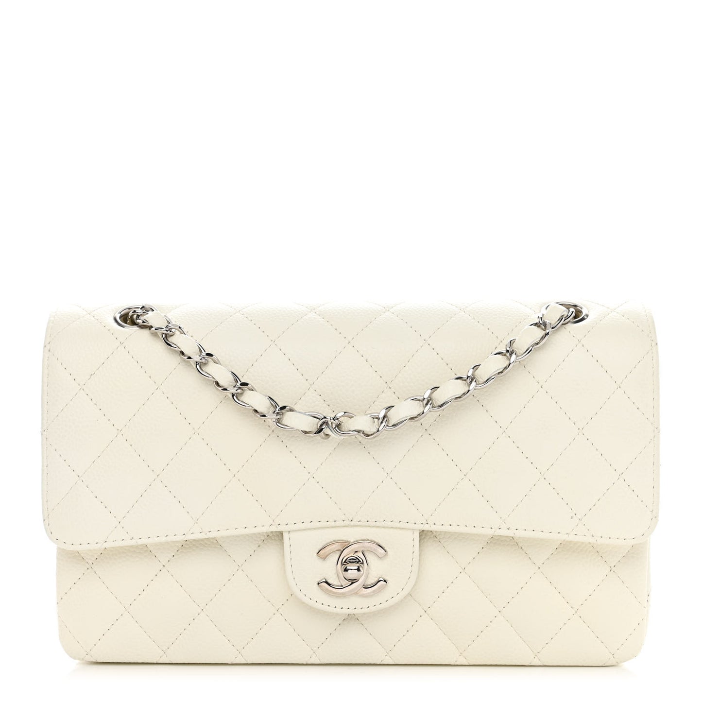 Caviar Quilted Medium Double Flap White