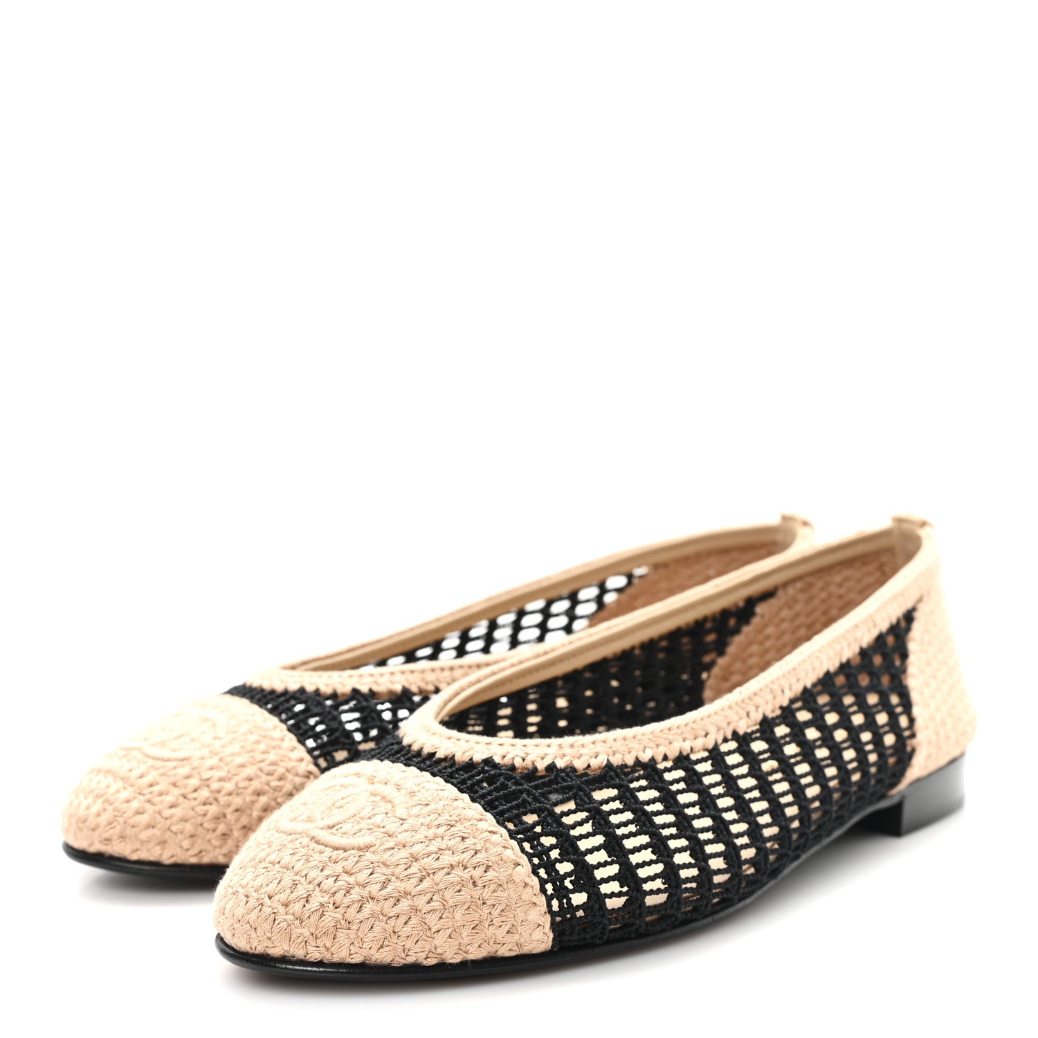 Chanel Raffia Cap Toe Ballerina Flats 37.5 Black Beige 4 of 9