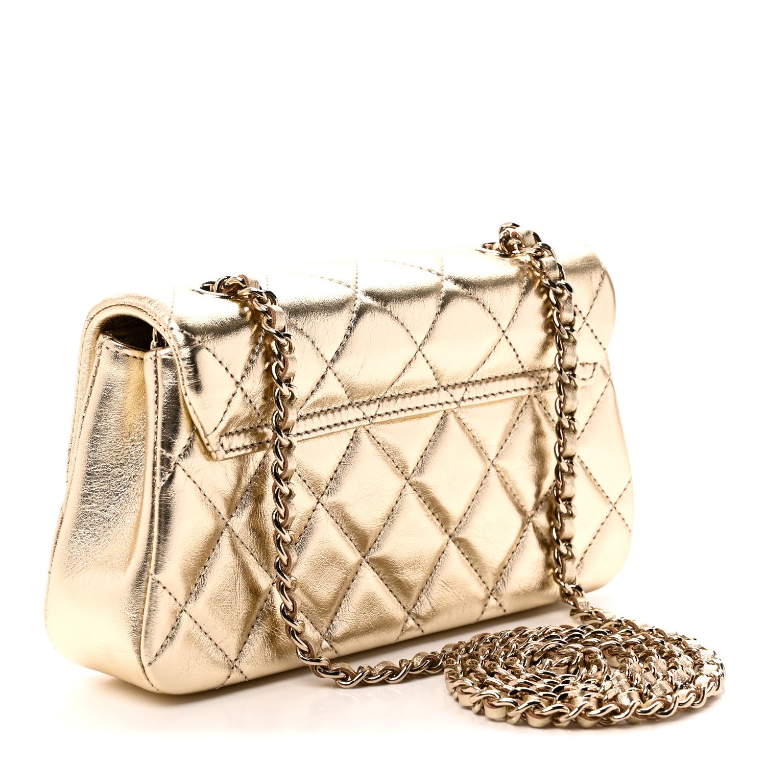 Chanel Metallic Lambskin Quilted Flap Phone Holder With Chain Gold