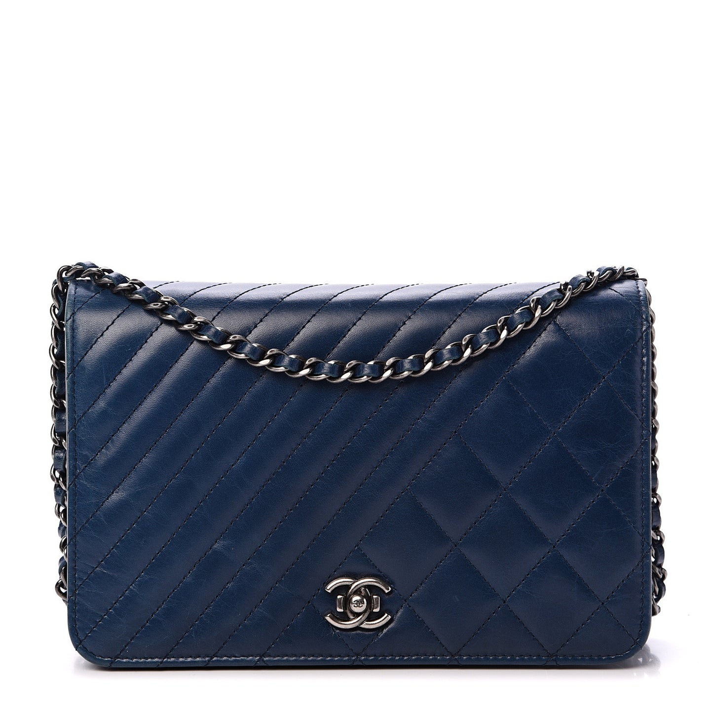 Glazed Calfskin Quilted Coco Boy Wallet On Chain WOC Blue