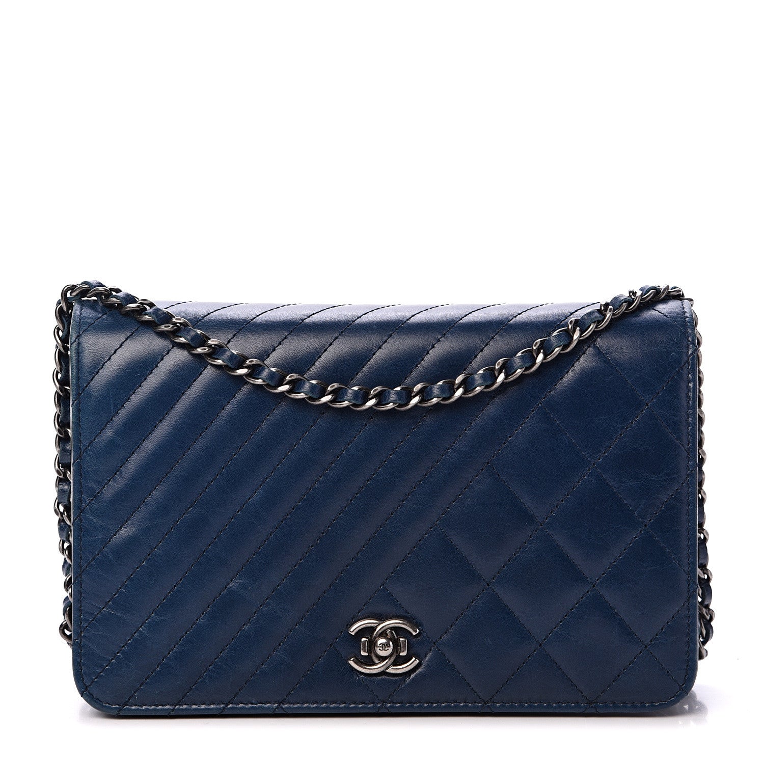Chanel Glazed Calfskin Quilted Coco Boy Wallet On Chain WOC Blue 1 of 14