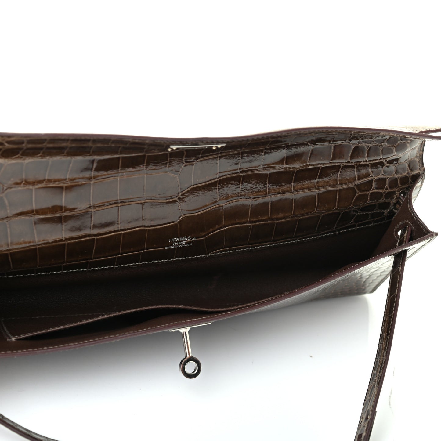 Shiny Porosus Crocodile Kelly Cut Pochette Gris Elephant
