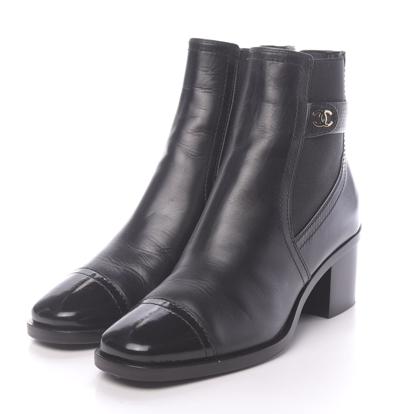 Calfskin Patent Cap Toe Short Boots 36 Black