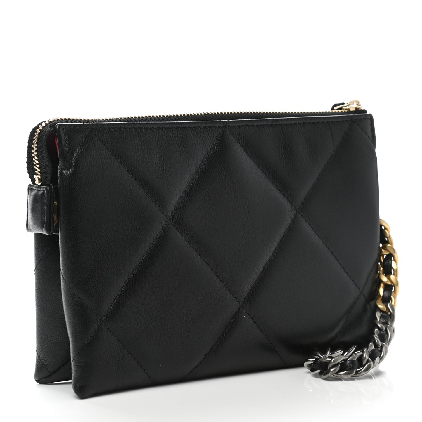 Shiny Goatskin Quilted Small Chanel 19 Pouch With Handle Black