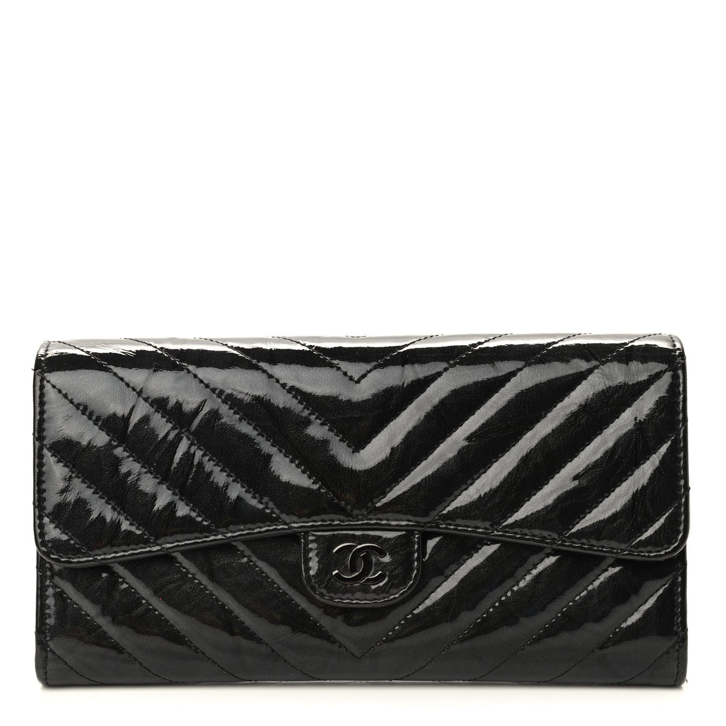 Patent Metallic Crumpled Calfskin Chevron Quilted Large Gusset Flap Wallet So Black