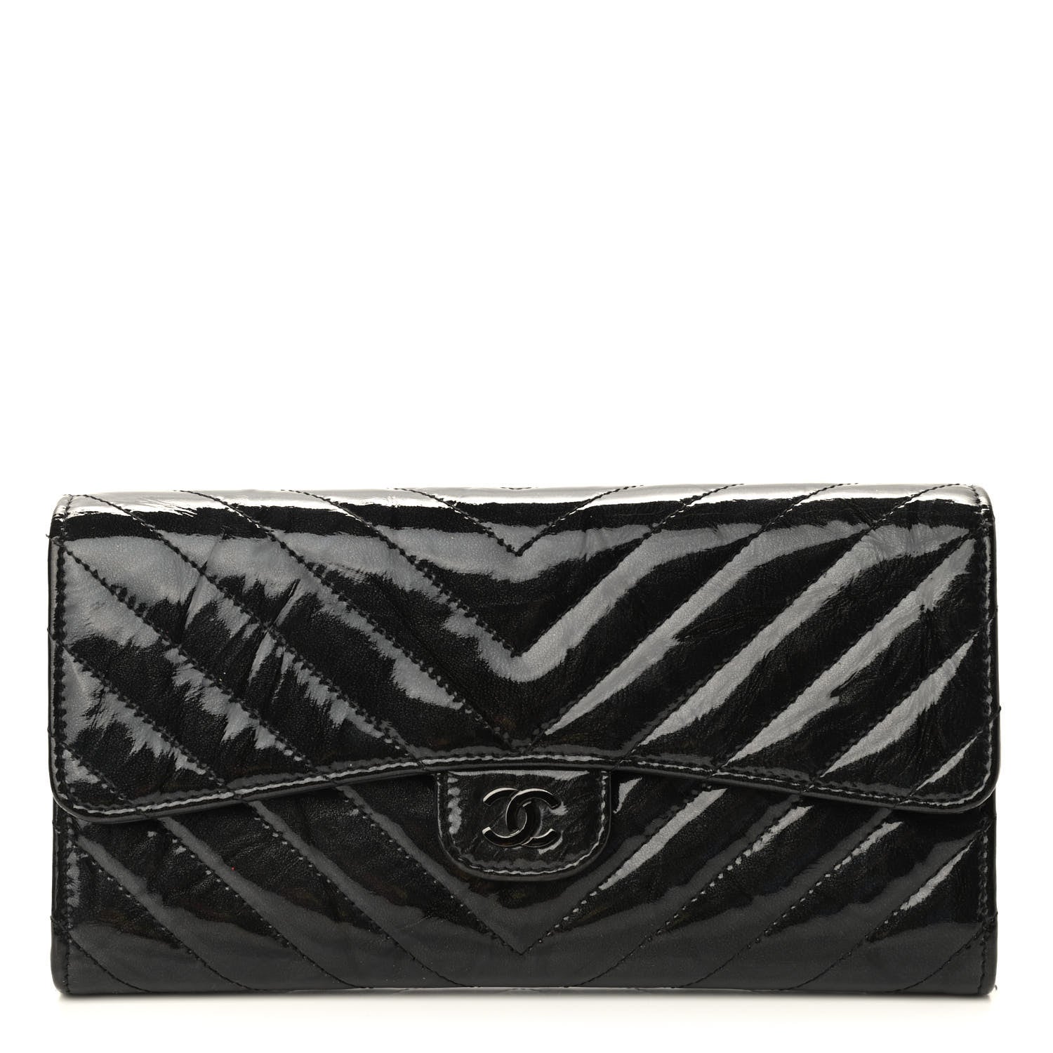 Chanel Patent Metallic Crumpled Calfskin Chevron Quilted Large Gusset Flap Wallet So Black 1 of 10