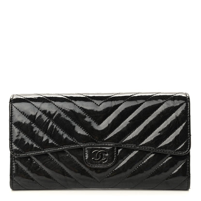 Chanel Patent Metallic Crumpled Calfskin Chevron Quilted Large Gusset Flap Wallet So Black 1 of 10