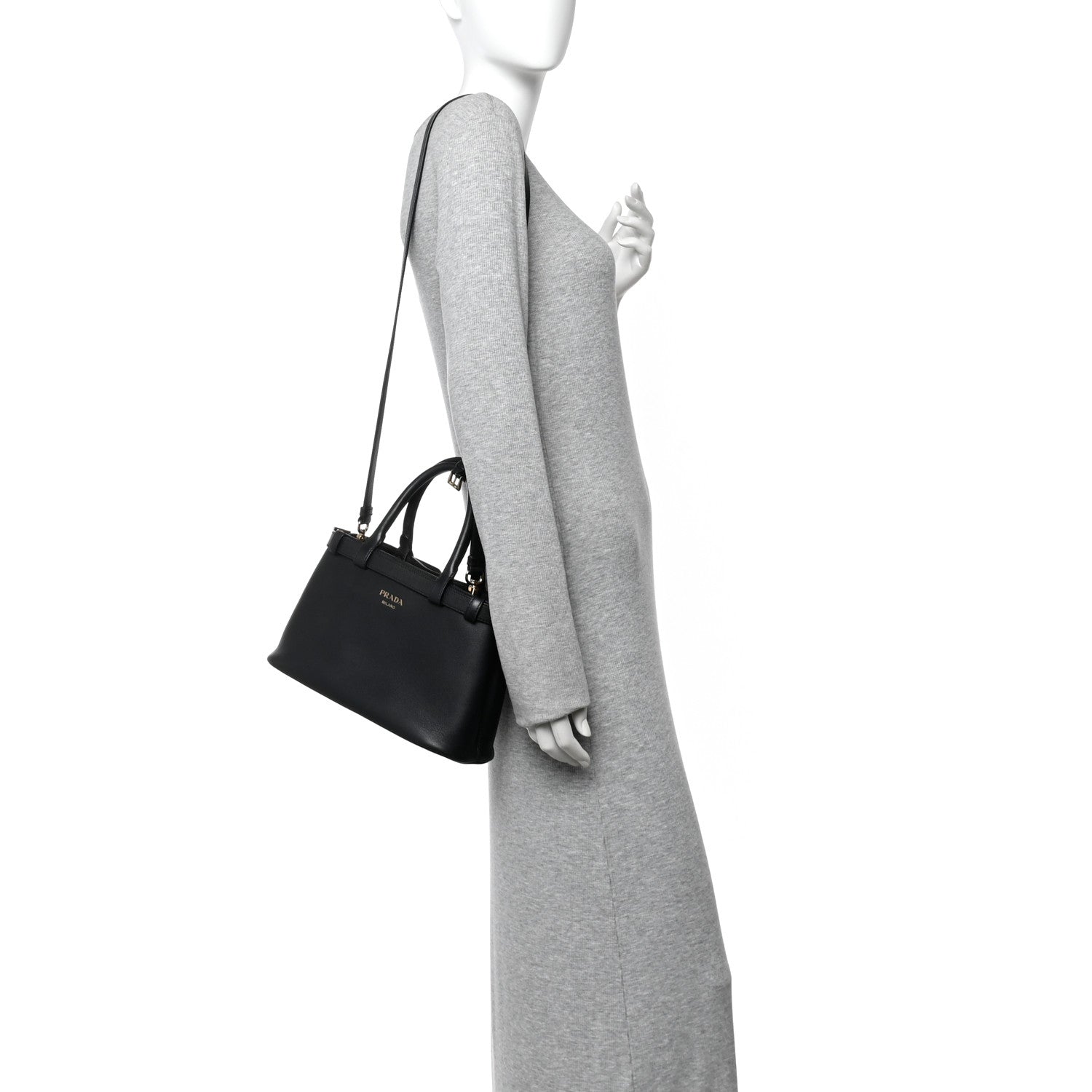 Prada Soft Grain Calfskin Small Double Belt Tote Black 2 of 12