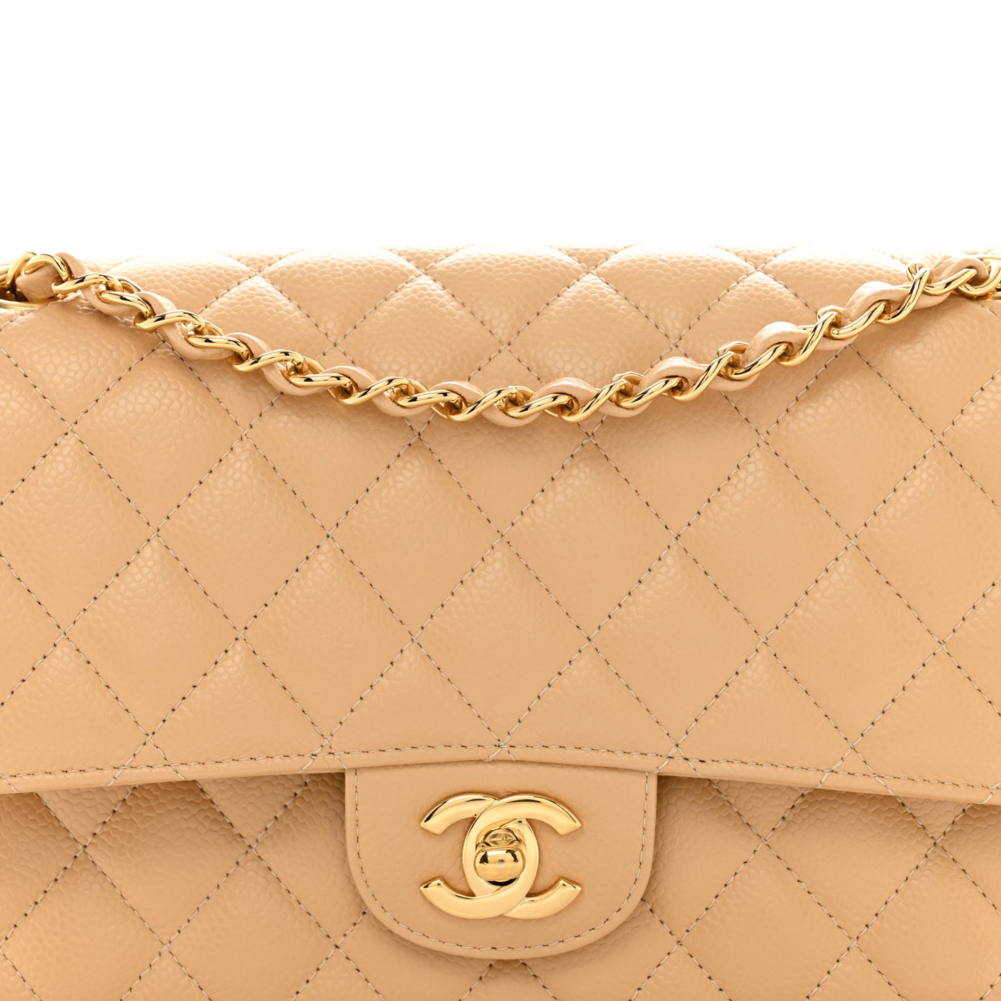 Caviar Quilted Medium Double Flap Beige