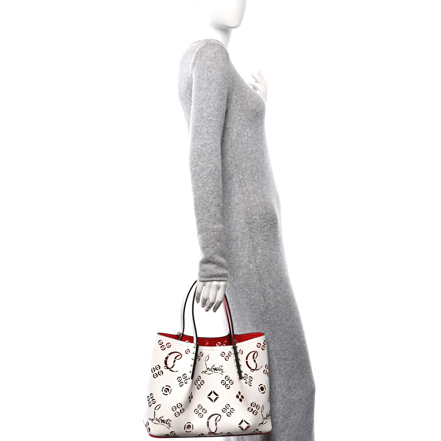 Christian Louboutin Calfskin Perforated Small Loubinthesky Cabarock Spikes Tote Snow 2 of 9