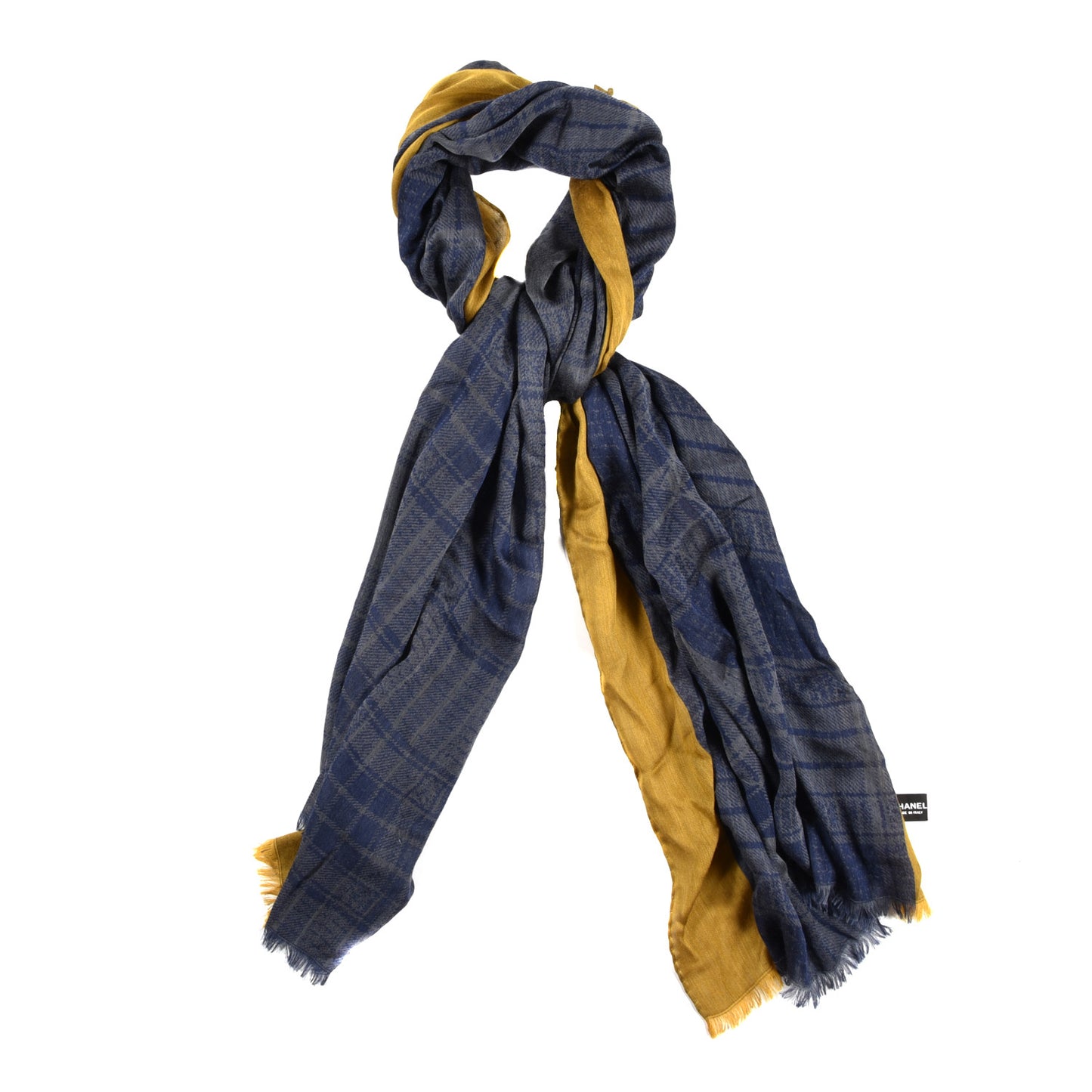 Cashmere Silk Plaid CC Scarf Navy Yellow