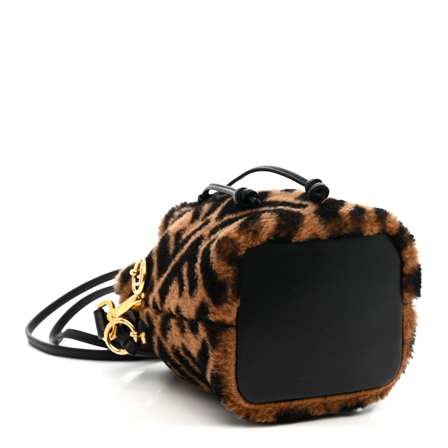Shearling Vitello Dolce F is Fendi Macro FF 1974 Mini Mon Tresor Bucket Bag Tobacco Black