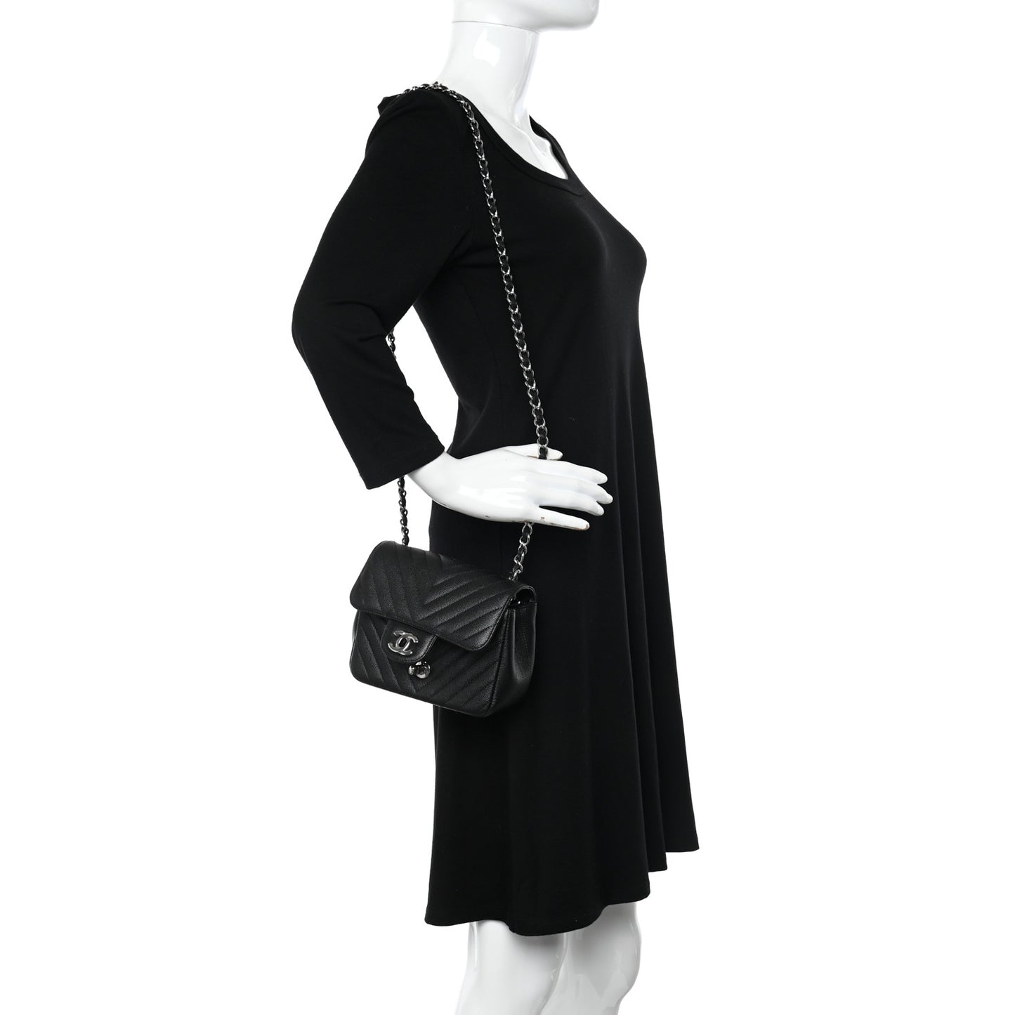 Caviar Chevron Quilted Mini Square Flap Black