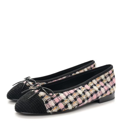 Chanel Wool Cotton Tweed Corduroy Cap Toe Ballerina Flats 38 Black Multicolor 3 of 9