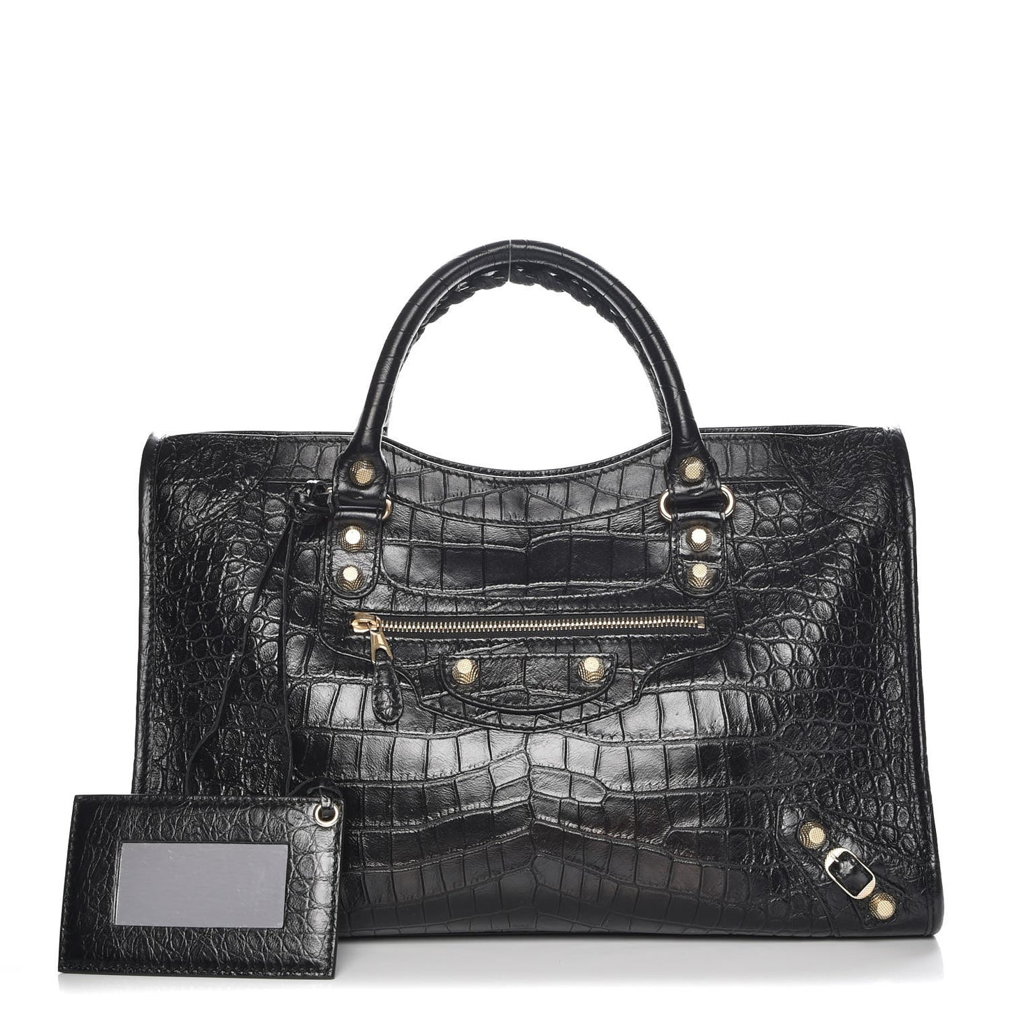 Calfskin Crocodile Embossed Giant 12 Gold Hardware City Black