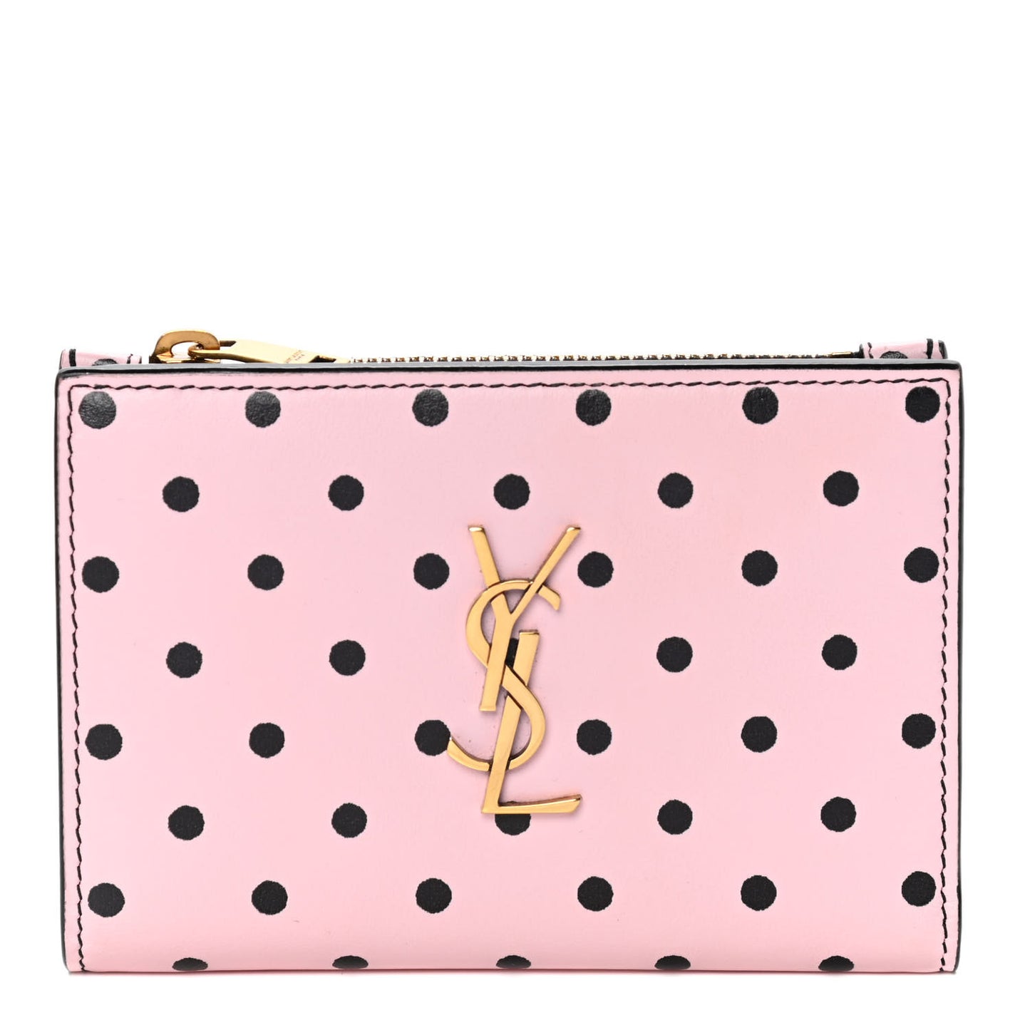 Calfskin Polka Dot Monogram Bi Fold Zipped Wallet Pink Black