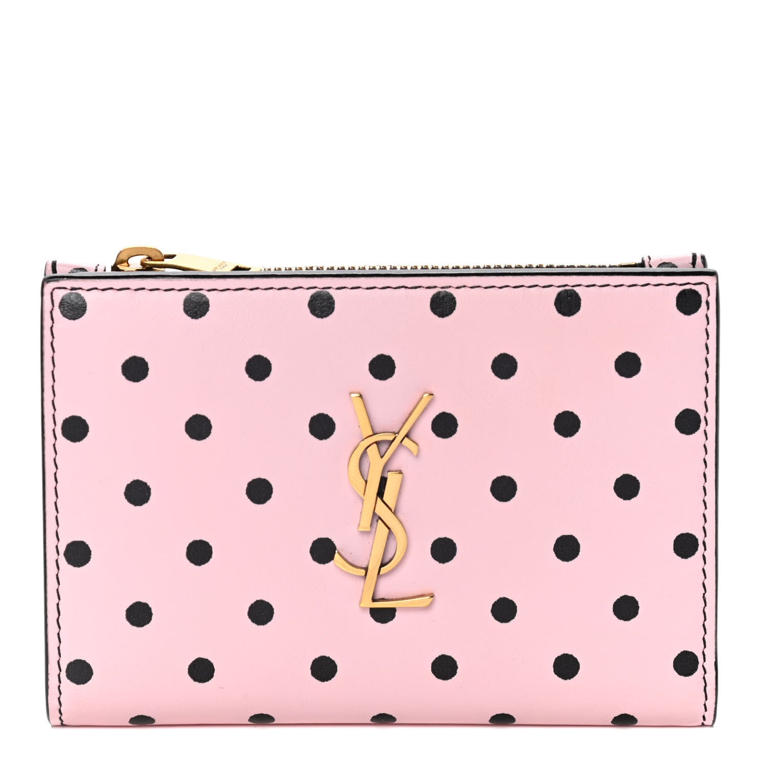 Saint Laurent Calfskin Polka Dot Monogram Bi Fold Zipped Wallet Pink Black 1 of 10
