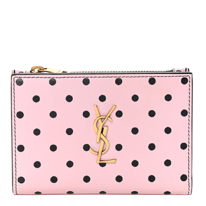 Saint Laurent Calfskin Polka Dot Monogram Bi Fold Zipped Wallet Pink Black 1 of 10
