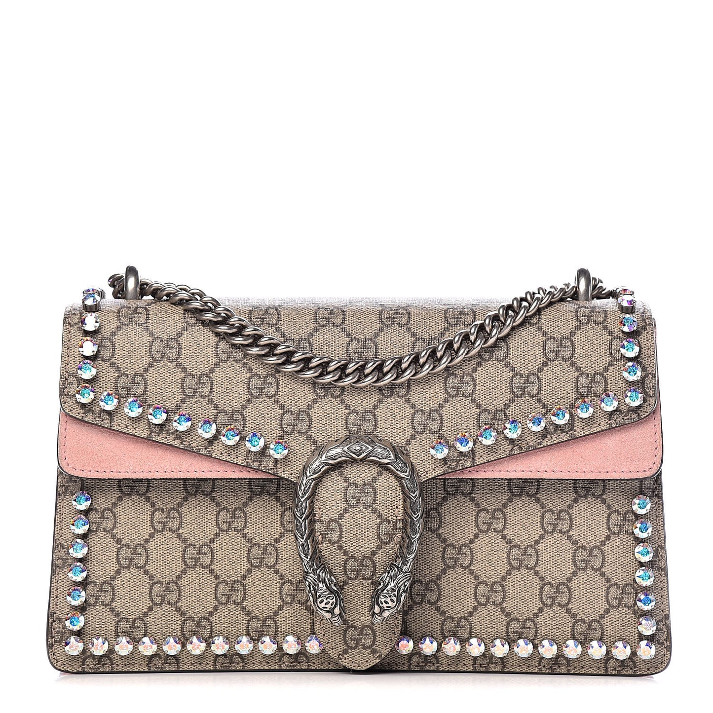 GG Supreme Monogram Suede Crystal Small Dionysus Shoulder Bag Beige Ebony Light Peonia