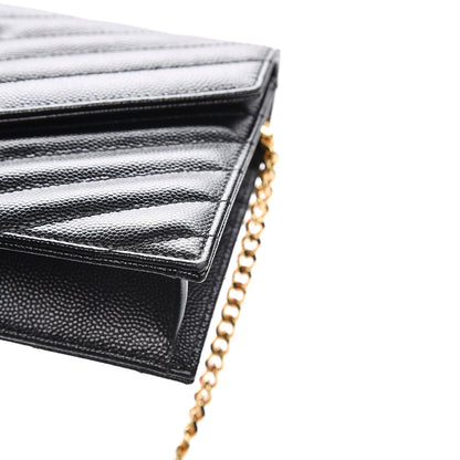 Saint Laurent Grain De Poudre Matelasse Chevron Monogram Envelope Chain Wallet Black 14 of 17
