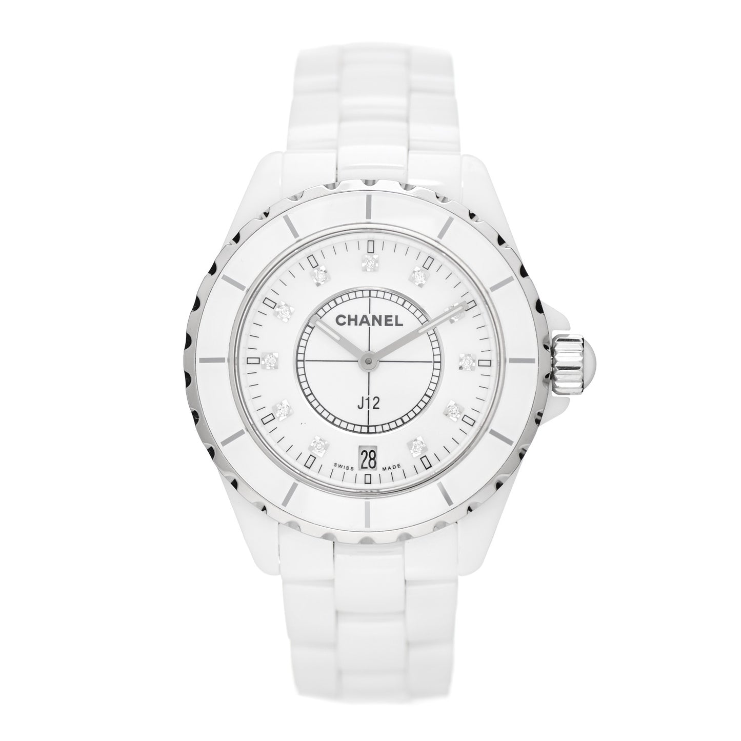Stainless Steel Ceramic Diamond 38mm J12 Quartz Watch White