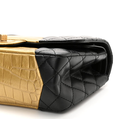 Chanel Lambskin Metallic Calfskin Crocodile Embossed 2.55 Cocodile Reissue 225 Flap Black Gold 10 of 10