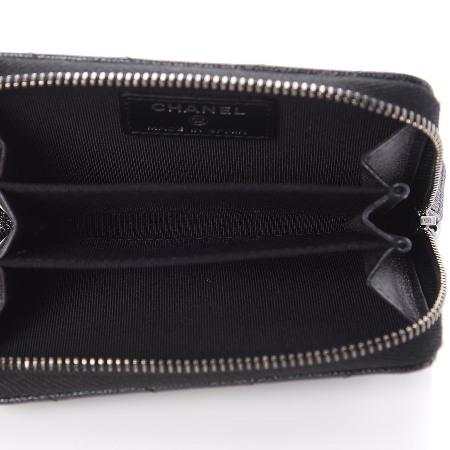 Iridescent Caviar Chevron Quilted Zip Around Coin Purse Black