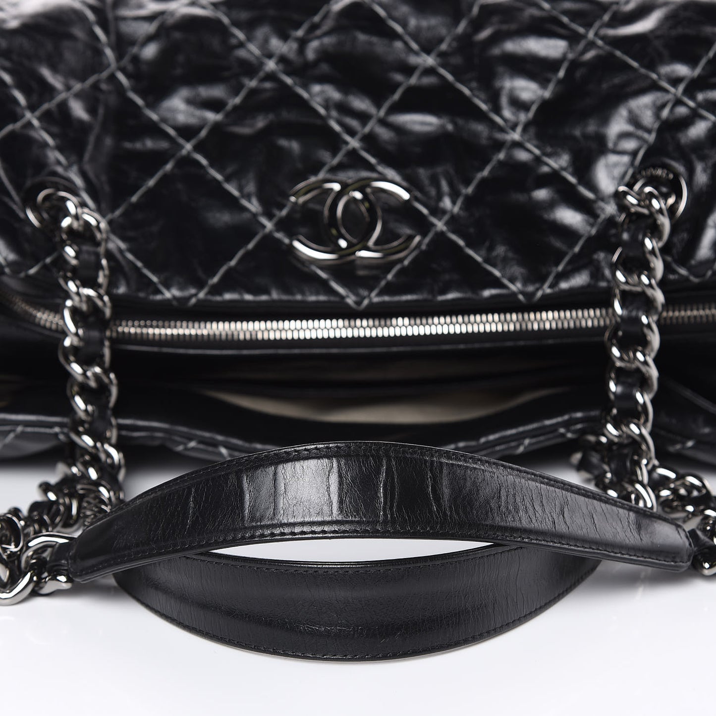Glazed Goatskin Double Contrast Stitch Large Tote Black
