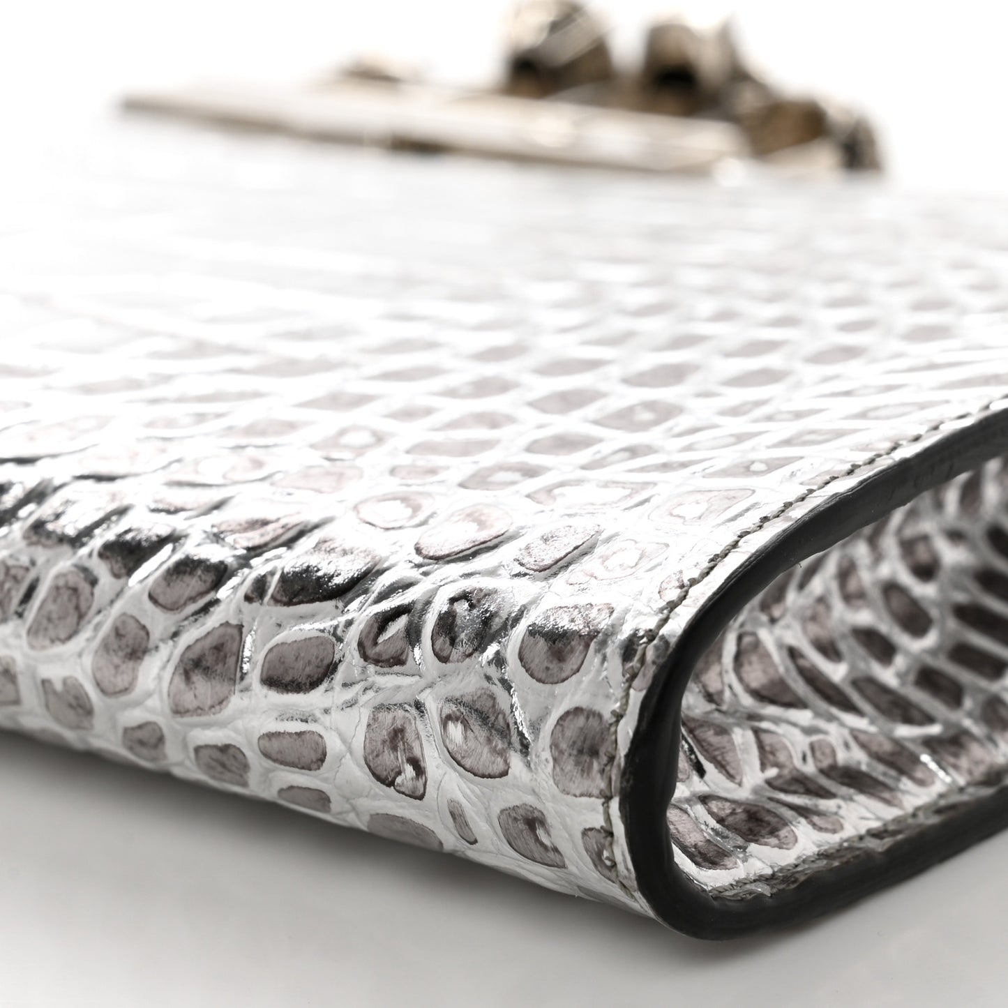 Metallic Calfskin Crocodile Embossed Four Ring Flat Pouch Bag Silver