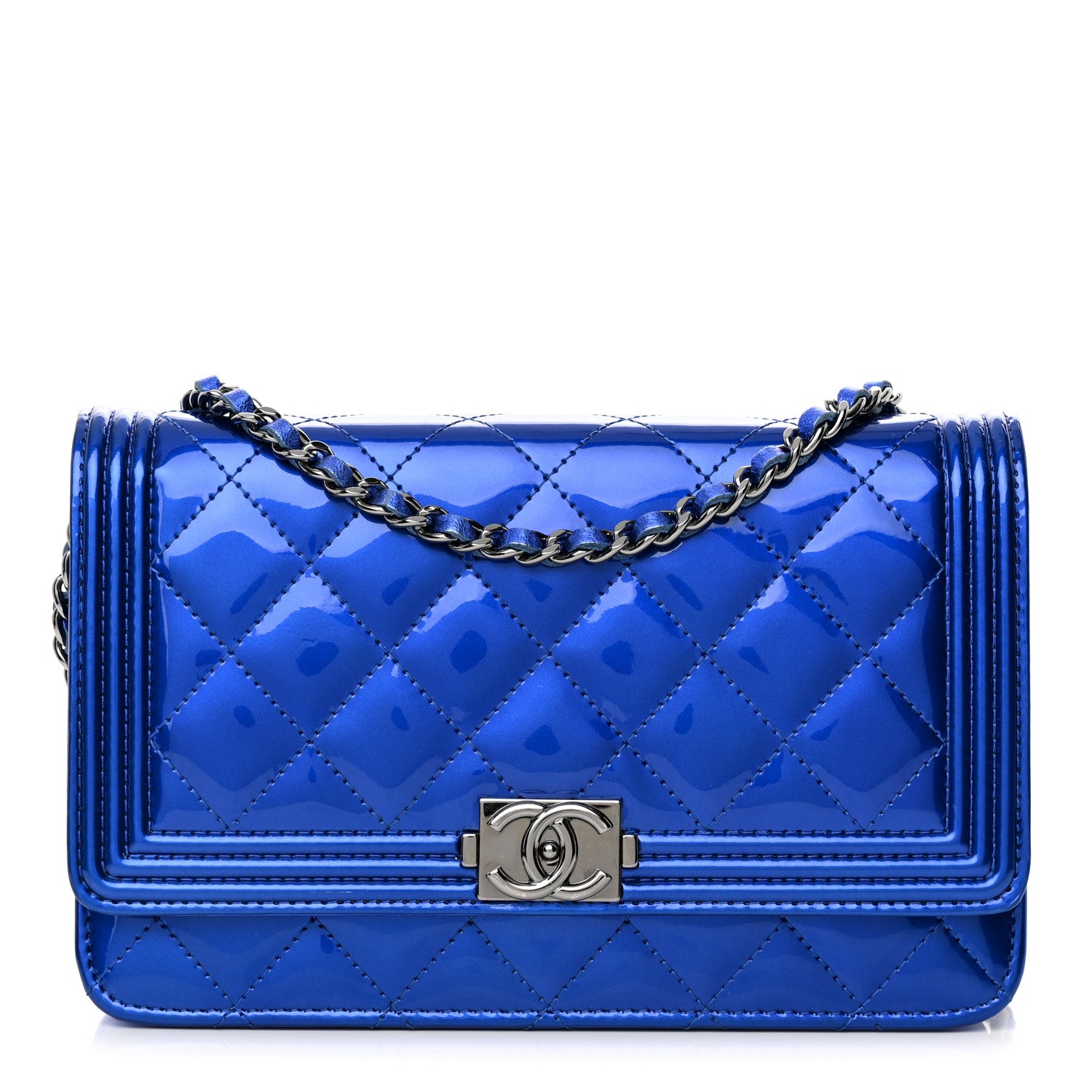 Chanel Metallic Patent Calfskin Quilted Boy Wallet on Chain WOC Blue 1 of 15