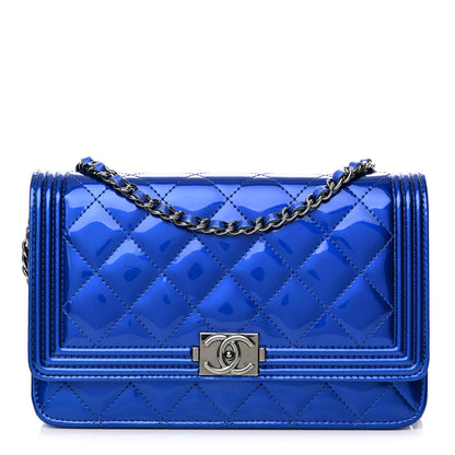 Chanel Metallic Patent Calfskin Quilted Boy Wallet on Chain WOC Blue 1 of 15
