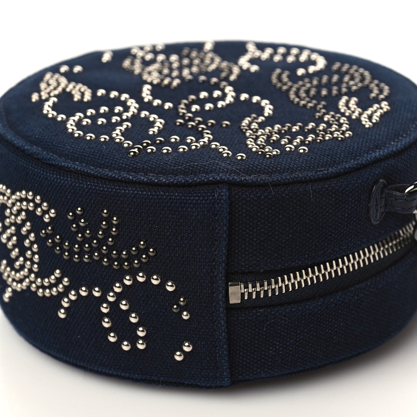 Canvas CC Studded Round Clutch With Chain Navy