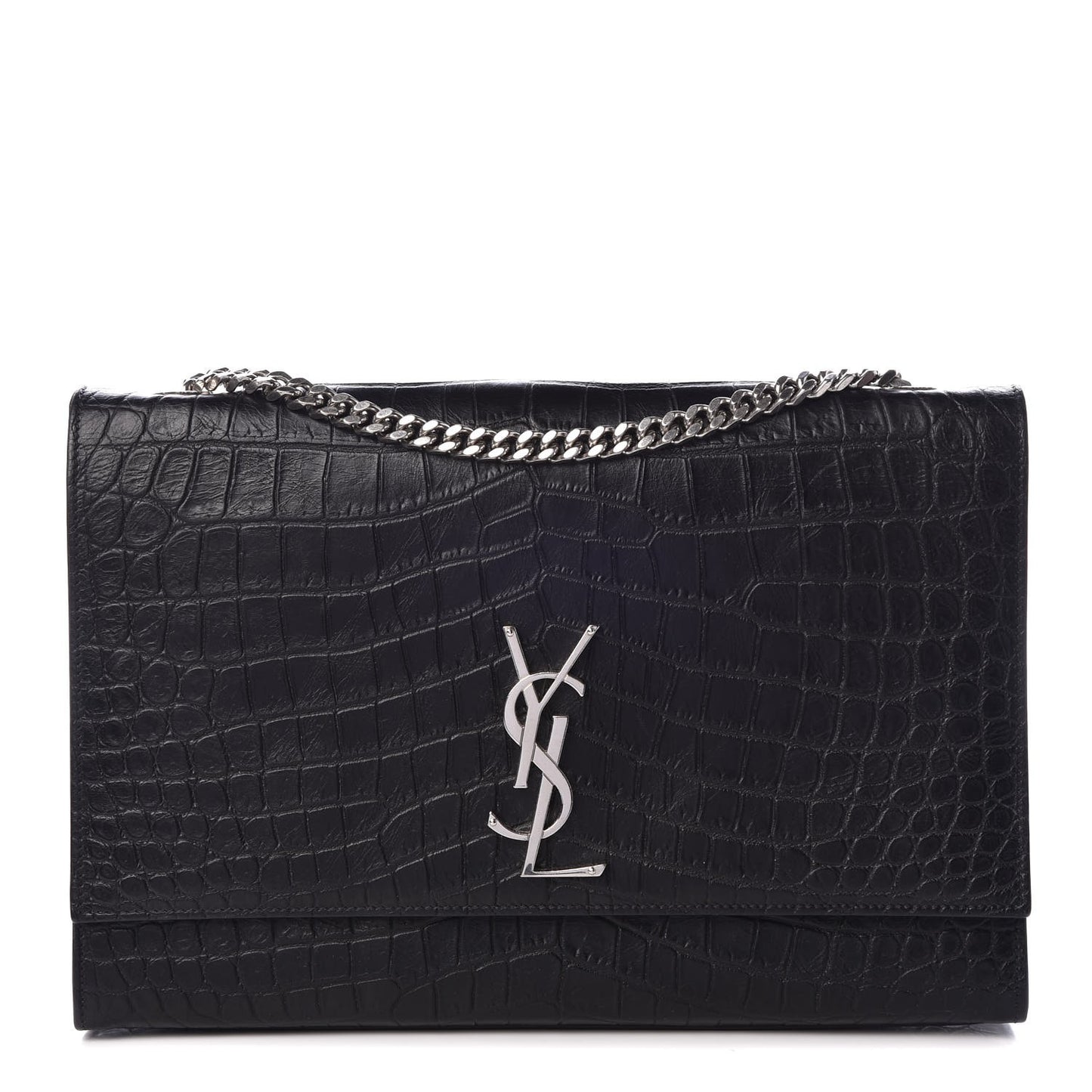 Calfskin Crocodile Embossed Large Classic Monogram Kate Satchel Black