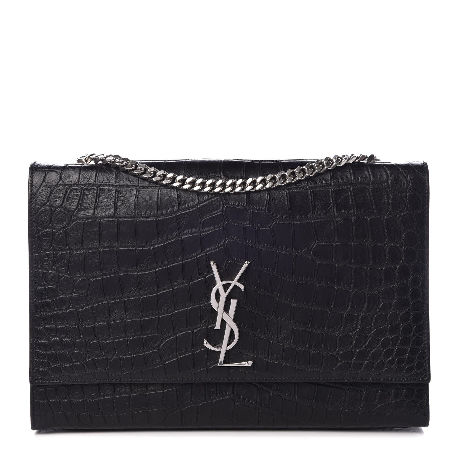 Saint Laurent Calfskin Crocodile Embossed Large Classic Monogram Kate Satchel Black 1 of 7