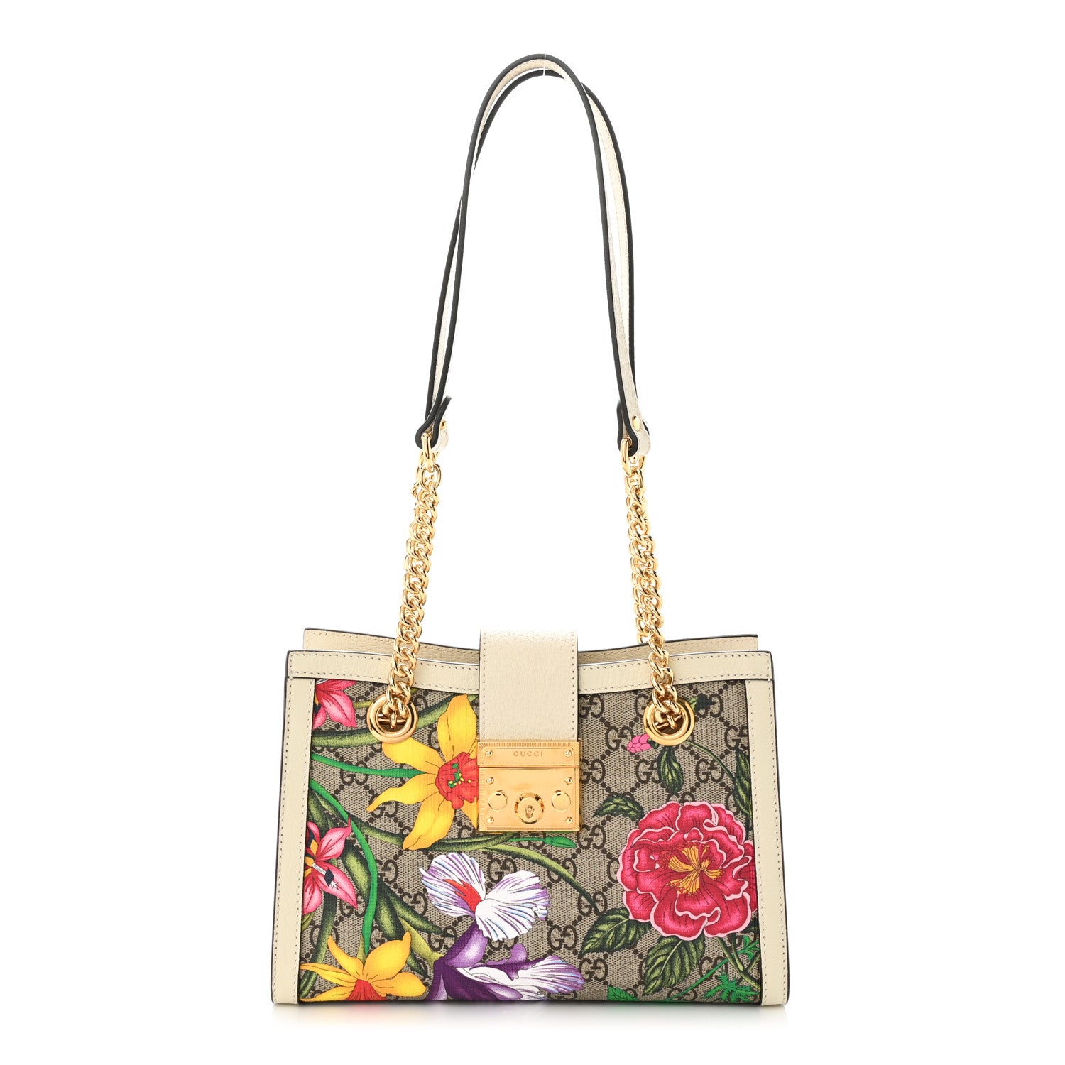 Gucci GG Supreme Monogram Flora Textured Calfskin Small Padlock Tote Beige Ebony Multicolor Mystic White 1 of 12