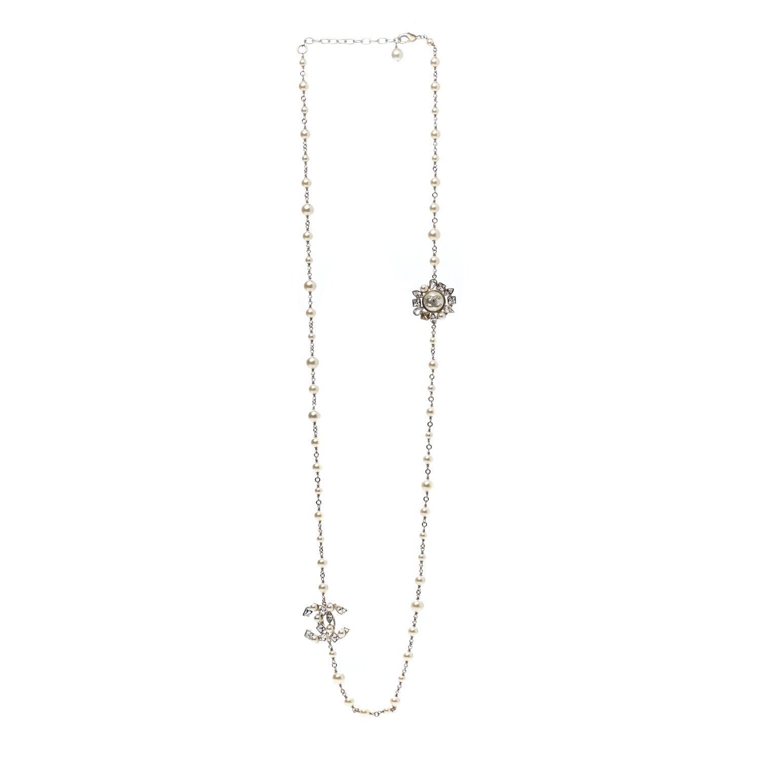 Chanel Pearl Crystal CC Snowfall Long Necklace Gold 2 of 7