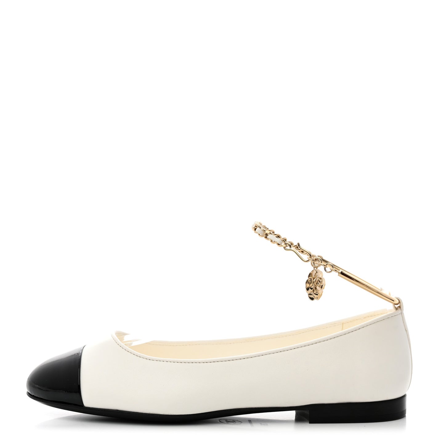 Lambskin Patent Calfskin Cap Toe Ankle Chain Ballerina Flats 36 White Black