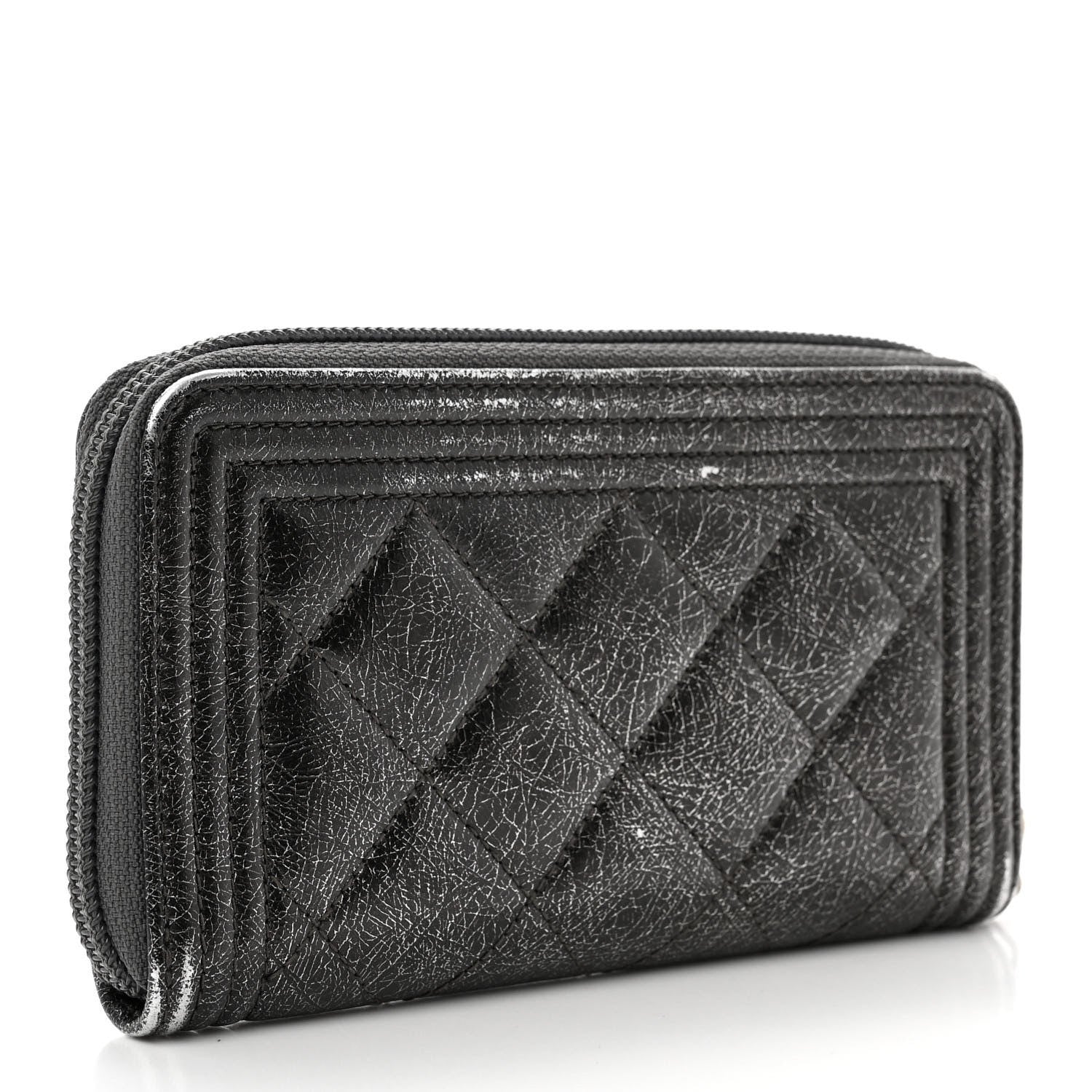 Chanel Cracked Metallic Calfskin Quilted Medium Boy Zip Around Wallet Dark Silver 3 of 9