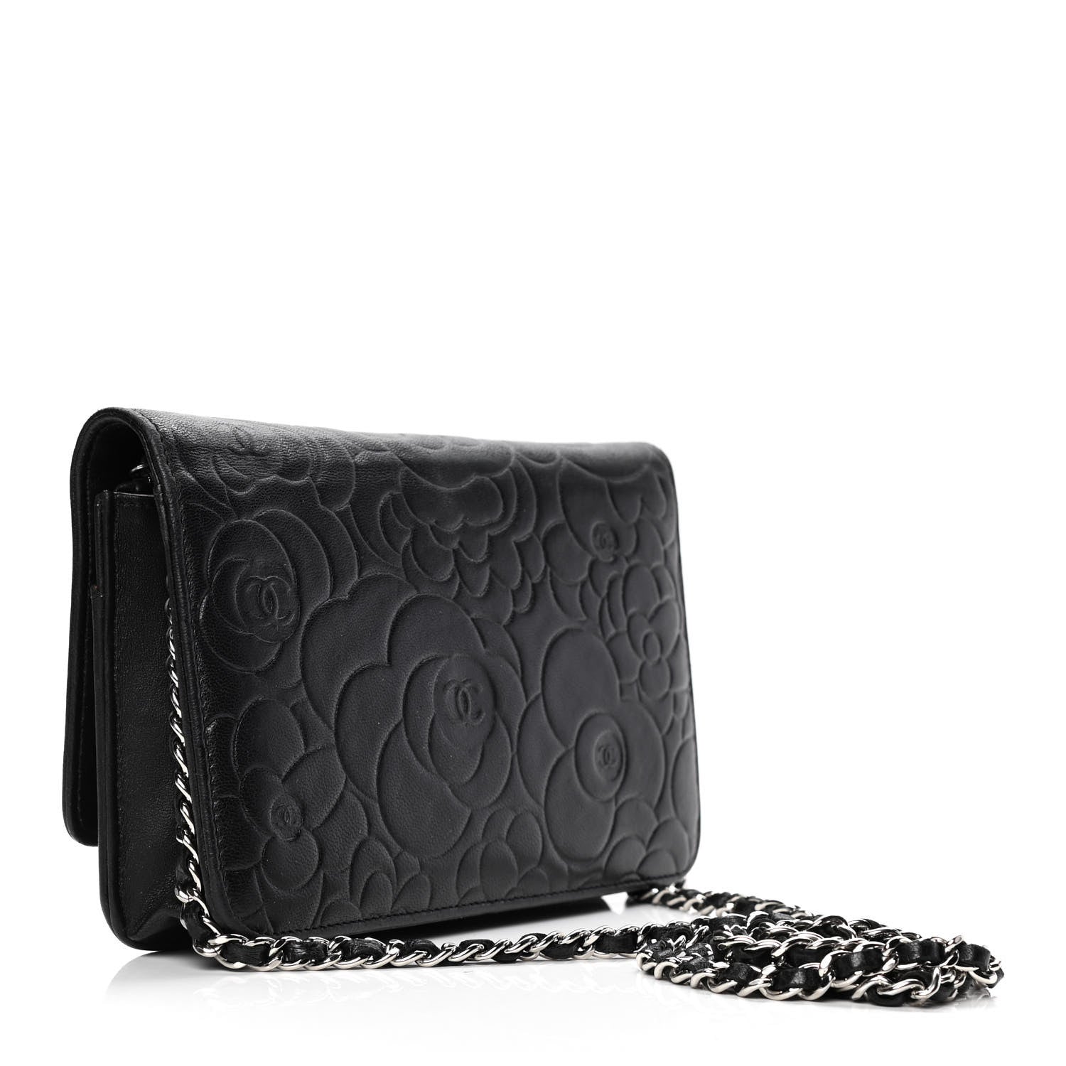 Chanel Lambskin Camellia Embossed Wallet on Chain WOC Black 2 of 5