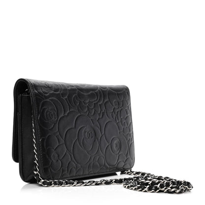 Chanel Lambskin Camellia Embossed Wallet on Chain WOC Black 2 of 5